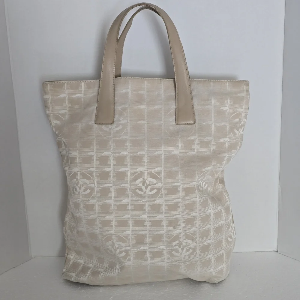 Authentic Chanel Travel Line Beige Jaquard CC Logo Large Totebag